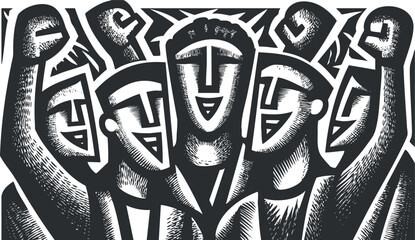Bold black and white vector illustration depicting a group of diverse individuals celebrating unity and solidarity in a powerful expression of community.
