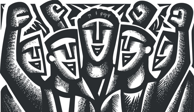 Bold black and white vector illustration depicting a group of diverse individuals celebrating unity and solidarity in a powerful expression of community.