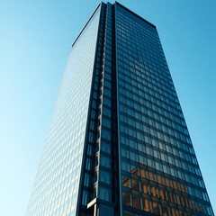 Ultra-realistic modern high-rise building, glass and steel facade, clean architectural lines, sunny blue sky, soft shadows, detailed reflections on windows, photographed with a high-resolution DSLR