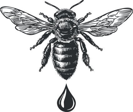 Vintage black and white vector illustration of a bee with intricate details, ideal for nature-themed designs and eco-friendly branding