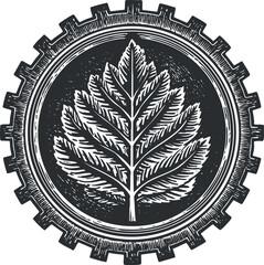 Vintage black and white vector illustration of a leaf inside a gear emblem, perfect for eco-friendly branding and design projects