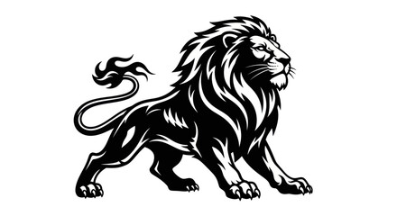Powerful black and white lion emblem in a regal pose.