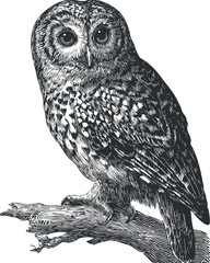 Detailed vintage black and white vector illustration of an owl perched on a branch, suitable for nature-themed designs and artwork