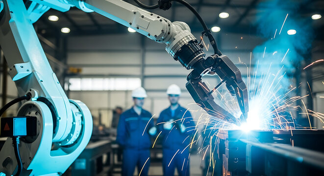 Robotic arm performing welding on metal structure in a modern manufacturing facility with technicians observing