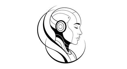 Elegant black and white line art of a futuristic cyborg woman.