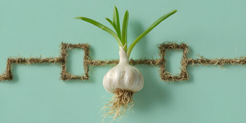 Captivating Surreal Minimalist Photography: Garlic Clove with Roots Flourishing in a Ethereal Dreamscape