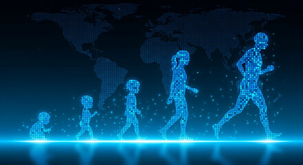Illustrative Progression of Human Life Cycle, from Early Stages to Active Adulthood, Visualizing Growth, Development, and the Future of Humanity through Digital Data Representation