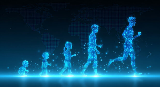 Futuristic illustration of human life's journey, showing the stages of evolution from infancy to an adult in a glowing digital network