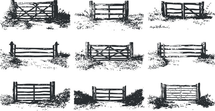 Hand-drawn vector illustration set of rustic wooden fences and gates for rural landscape design projects