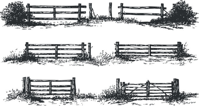 Detailed black and white vector illustration of rustic wooden fences and gates, perfect for rural and nature-themed projects