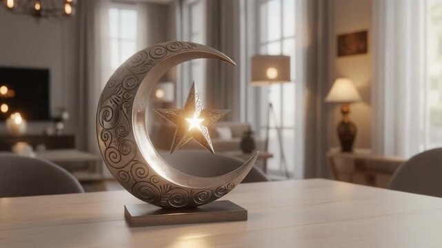 A decorative crescent and star sculpture with intricate patterns glows softly on a table in a bright modern living room.	