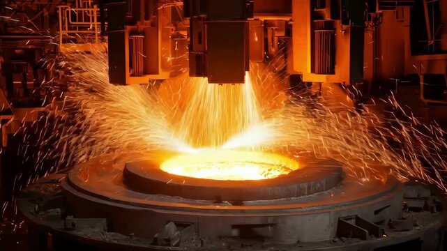 Dynamic medium shot of high frequency induction furnace at work emphasizing energyefficient metal melting and bright sparks from electromagnetic induction heating.