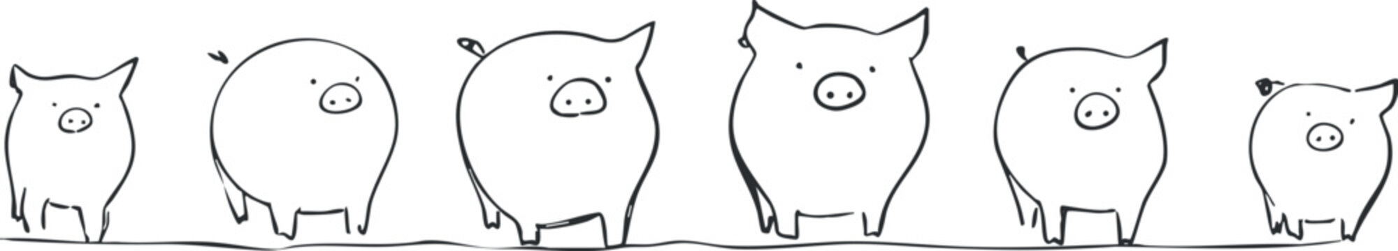 Playful outline vector illustration of a collection of cute pigs in various poses, ideal for children&rsquo;s design and farm-themed projects