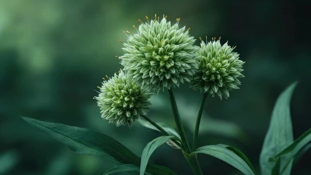 A macro shot reveals the intricate details of a cluster of vibrant green spherical plants, gently swaying in natural light. Each spiky form is composed of numerous small, tightly packed leaves or peta