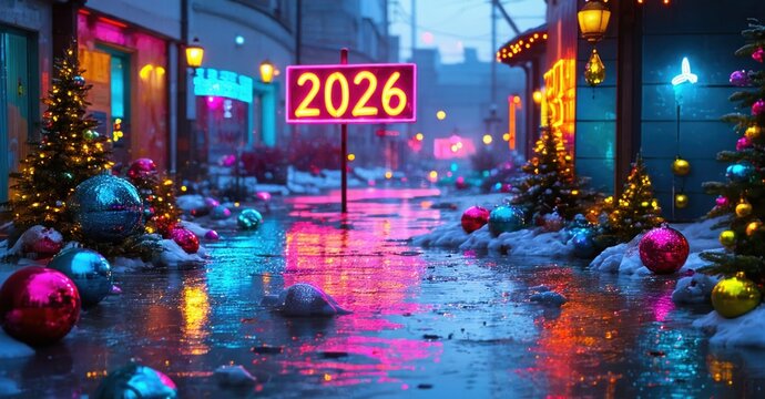 Wet street reflects vibrant neon lights. Festive decorations, trees, spheres illuminate winter scene. Year 2026 prominently displayed.