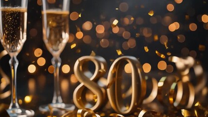  Golden number 80 with sparkling confetti and a champagne glass, creating an elegant celebration scene with warm bokeh lights. - Powered by Adobe
