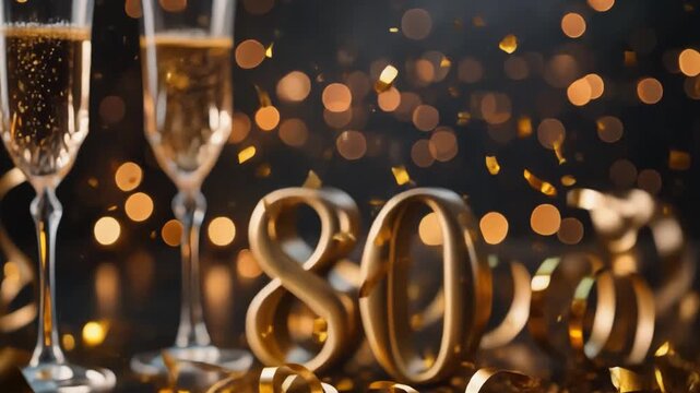  Golden number 80 with sparkling confetti and a champagne glass, creating an elegant celebration scene with warm bokeh lights.