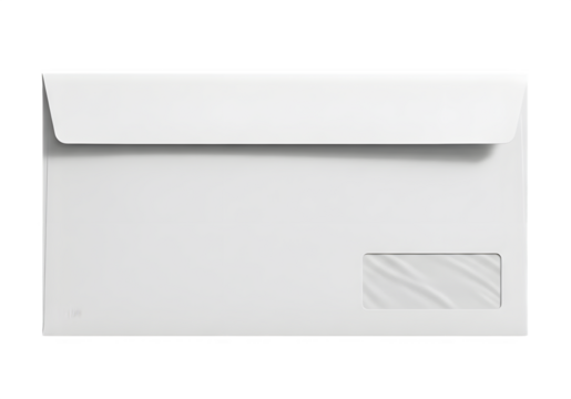 White DL Mailing Envelope with Transparent Window Sealed Flap Back View Isolated on Transparent Background PNG - Powered by Adobe