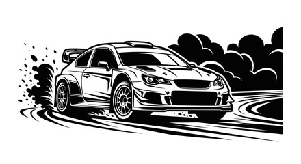 Monochrome illustration of a rally car drifting through a corner. © bandi