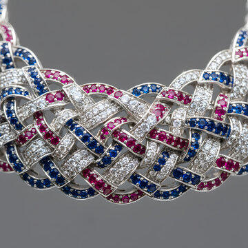 Close up of a woven gemstone necklace featuring red white and blue stones