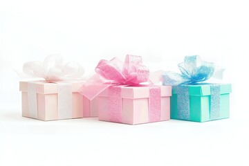 Obraz premium Three small square gift boxes wrapped in pastel pink, light blue, and white paper with sheer organza bows, isolated on a white background.