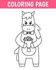 Animal coloring page, cute print with line horse. Printable worksheet with solution for school and preschool. Vector cartoon illustration.