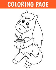 Animal coloring page, cute print with line horse. Printable worksheet with solution for school and preschool. Vector cartoon illustration.