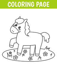 Animal coloring page, cute print with line horse. Printable worksheet with solution for school and preschool. Vector cartoon illustration.