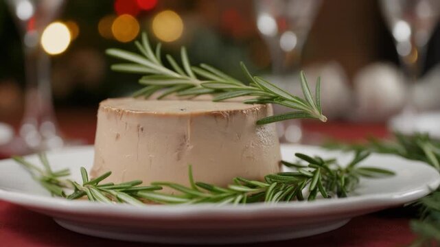 Gourmet p&acirc;t&eacute; elegantly served on a white plate, garnished with fresh rosemary sprigs, creating a refined holiday dining atmosphere.