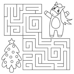Animal maze game for kids. Cute line kawaii horse looking for a way to the christmas tree. Printable worksheet with solution for school and preschool. Vector cartoon illustration.