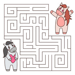 Maze game for kids. Cute horse with heart looking for a way to the lover. Horse is a symbol of the year 2026. Printable worksheet. Vector cartoon illustration for valentines day.