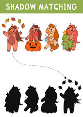 Horse shadow matching activity for children. Animal puzzle with horse. Educational game for kids. Find the correct silhouette printable worksheet. Vector cartoon illustration.