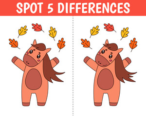 Cute horse in cartoon style. Find 5 differences. Educational matching animal game for children. Printable worksheet with solution for school and preschool. Vector cartoon illustration.