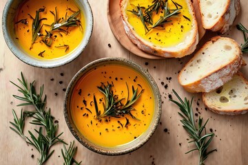 Bowls of orange pumpkin soup topped with herbs, served with sliced bread and rosemary sprigs on a wooden table.
