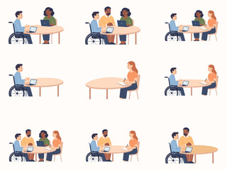 A diverse group of people, including a wheelchair user, collaborate around round tables in different configurations, discussing ideas, taking notes, and working together in an inclusive meeting enviro