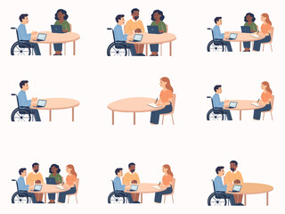 A diverse group of people, including a wheelchair user, collaborate around round tables in different configurations, discussing ideas, taking notes, and working together in an inclusive meeting enviro
