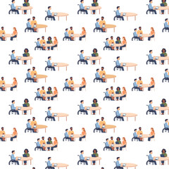 Obraz premium A seamless pattern featuring diverse colleagues collaborating around round tables, including a wheelchair user, people taking notes, and team members working on laptops in an inclusive office setting.