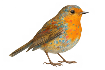 European robin bird with abstract paint splatter effect, artistic wildlife illustration on transparent background