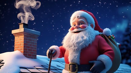 Jolly Santa Claus standing on a snow-covered rooftop next to a brick chimney at night