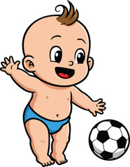 Fototapeta premium Baby playing with soccer ball cartoon vector illustration happy child in blue diaper isolated on white background