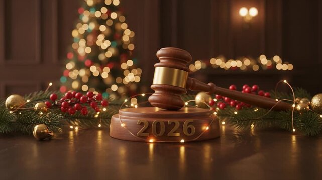 A wooden judge&rsquo;s gavel engraved with &ldquo;2026&rdquo; surrounded by Christmas decorations, symbolizing holiday season themes with law and justice.