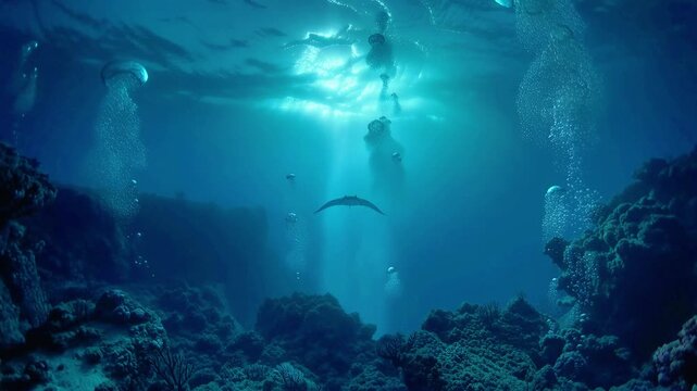 Slow forward glide through a deep ocean trench as blue light shafts filter from above, manta ray silhouette drifting past rocky seafloor, tiny bubbles and plankton floating in moody turquoise water