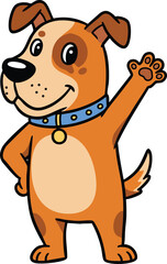 Happy cartoon dog waving paw friendly brown pet animal with blue collar vector illustration