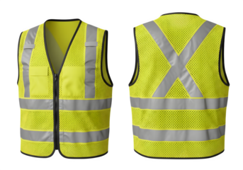 Front and Back View of High Visibility Yellow Safety Vest with Reflective Stripes Isolated on Transparent Background PNG