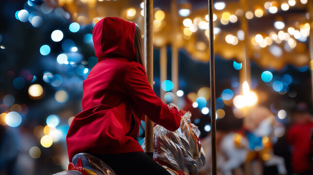 Faceless festive holiday figure in a red winter coat riding a softly glowing carnival carousel with children, background lights gently defocused for dreamy bokeh atmosphere, with c