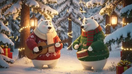 Two cute polar bears wearing Christmas sweaters play guitar and drums in a snowy forest, surrounded by gifts and festive lantern lights. - Powered by Adobe