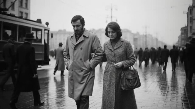 Vintage black-and-white street scene of 1950s Istanbul, featuring a couple walking in coats with a classic tram and crowds in the background.