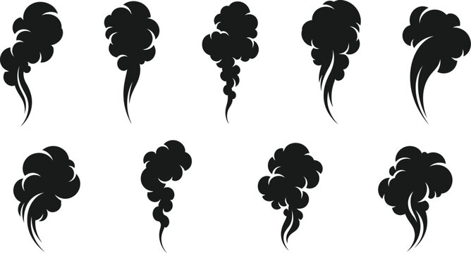 Collection of Black Smoke Cloud and Steam Icons in Various Shapes and Styles puff fume