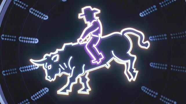 Neon outline of a bucking bull with a cowboy rider glowing in vivid purple, blue, and warm orange accents on a dark background, bold western energy, modern retro tube-light style animation.