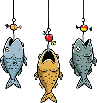 Three fish hanging on fishing hooks with colorful bobbers vector illustration